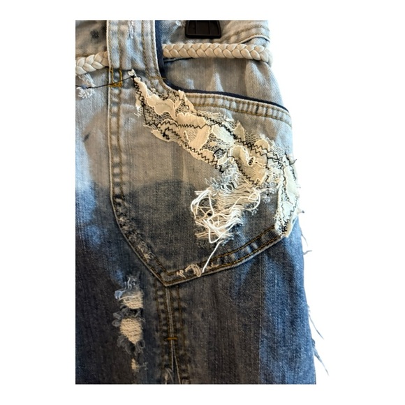 upcycled, bleached, fringe-hem denim skirt. Waist 30 length 21 - Picture 3 of 8